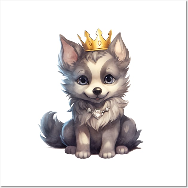 Watercolor Gray Wolf Wearing a Crown Wall Art by Chromatic Fusion Studio